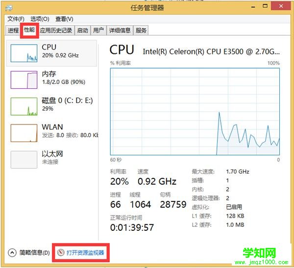 win8系统如何快速查看硬件资源和带宽使用情况