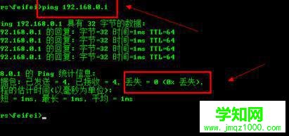 输入命令“ping 192.168.0.1”