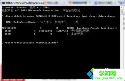 输入“netsh interface ipv4 show subinterfaces”