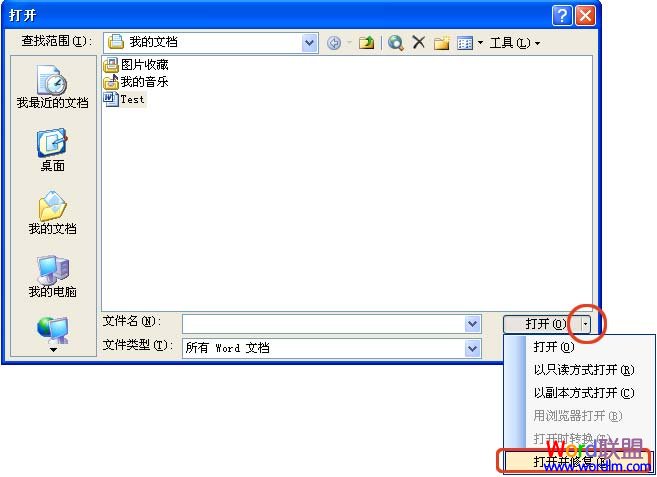 “打开”对话框 手动修复Word文档损坏的九大技巧
