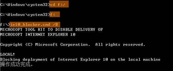 执行ie10_blocker.cmd /B命令后显示图中的成功信息