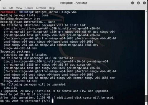  使用apt-get install mingw-w64在您的Kali主机上安装mingw-w64。