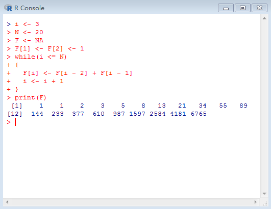 R语言中使用while循环输出Fibonacci前N项