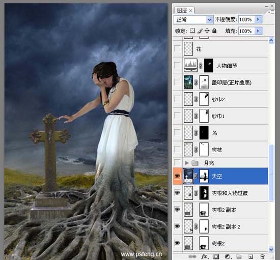 photoshop合成实例:十字墓碑旁的枯树美女