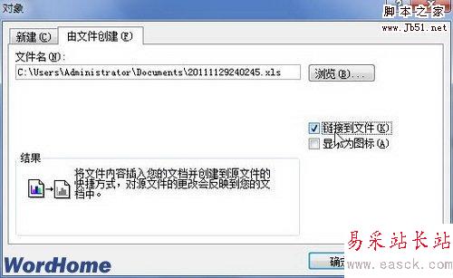 选中链接到文件复选框