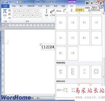 选择Word2010内置的括号实例