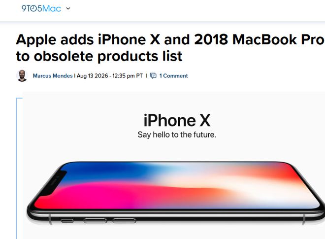 苹果把iPhone X、2018款15英寸MacBook Pro调整为过时产品